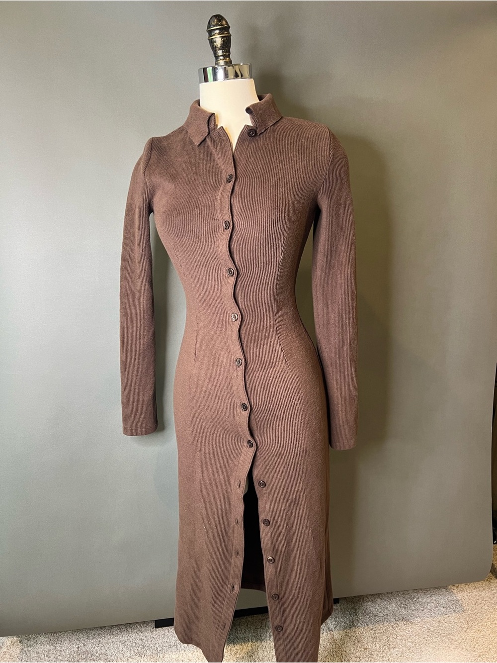 Danielle Guizio Brown Ribbed Button-Front Long Sleeve Midi Dress